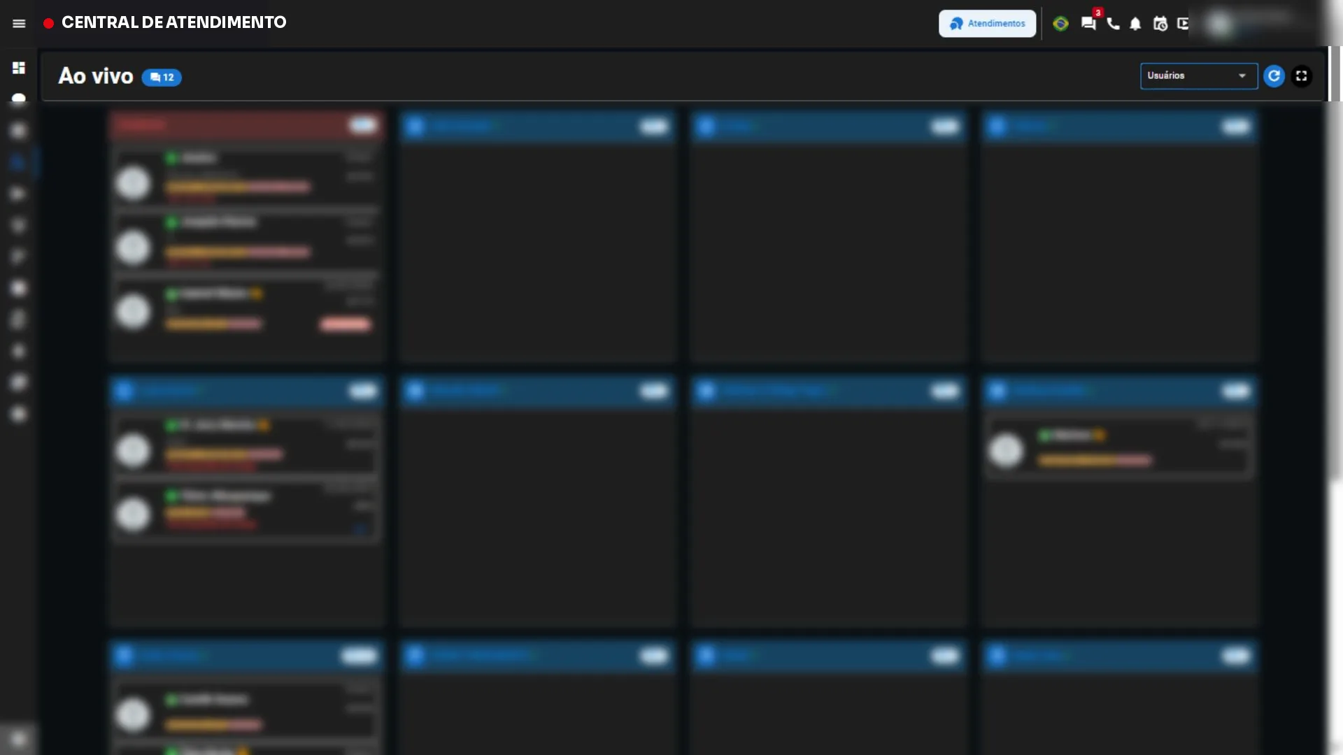 Painel do CRM com as conversas ao vivo distribuídas por corretor