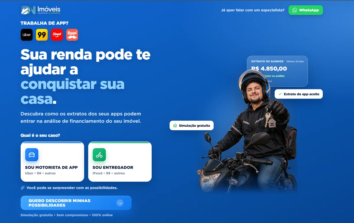 Landing page da DN Imóveis para motoristas e entregadores de aplicativo